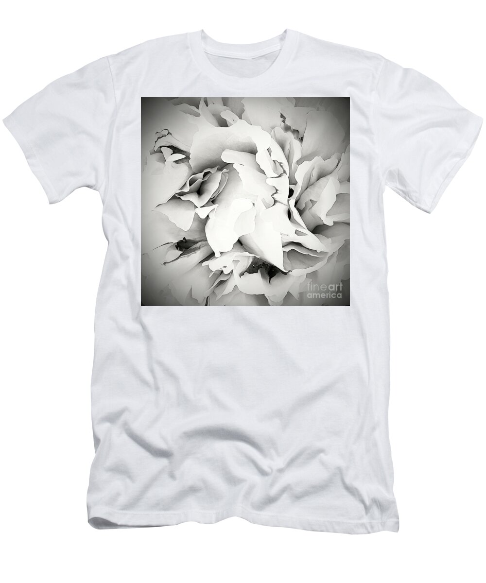 Peony; Flower; Petals; Black And White; Abstract; Simple; T-Shirt featuring the photograph Peony Petals Macro bw by Tina Uihlein