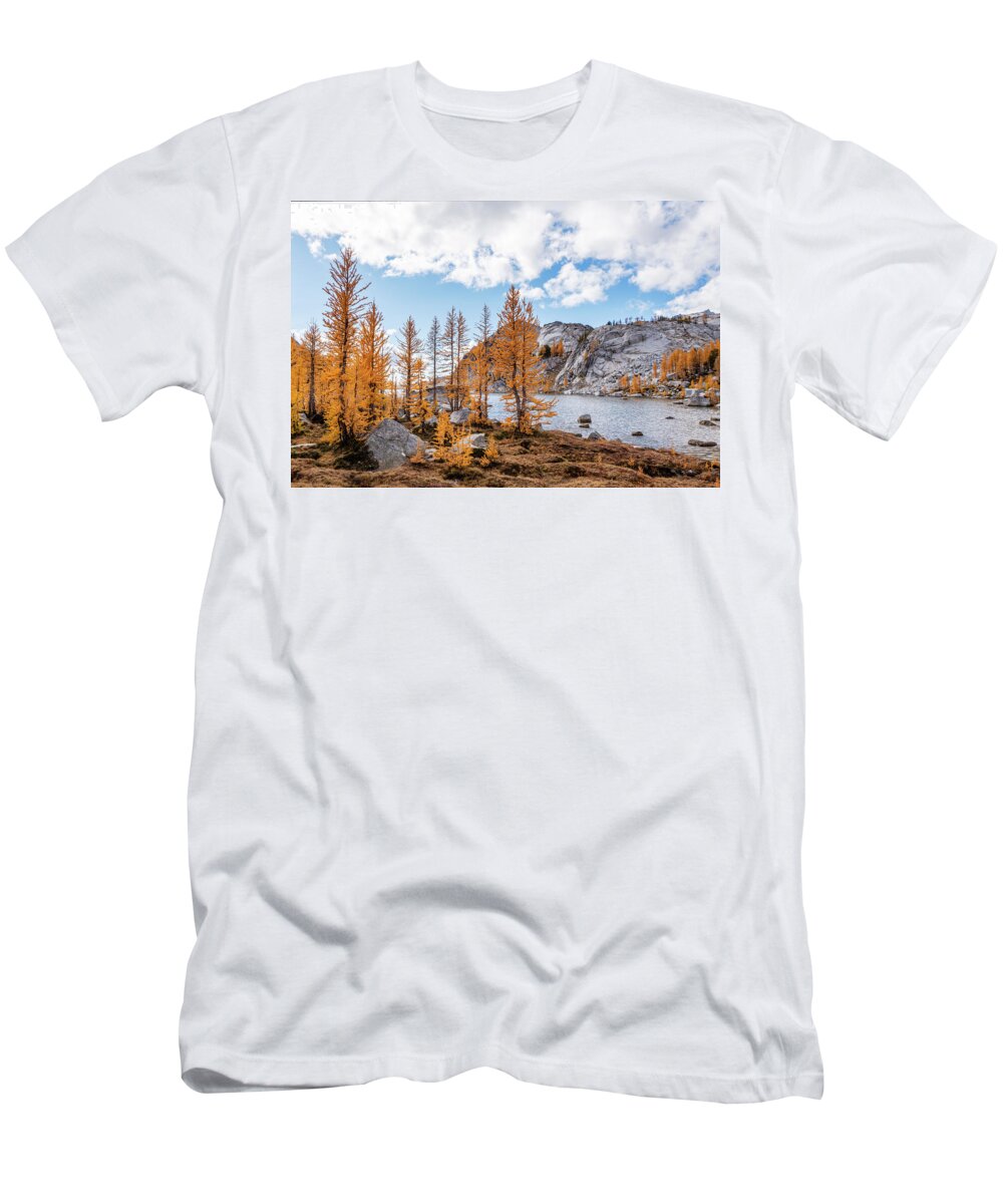 Outdoor; Day Hike; Larch; Larch Madness; Fall; Color; Lake; Alps; Larch Tree; Thru-hike; Pnw; Washington T-Shirt featuring the digital art Perfection Lake, in the Enchantments by Michael Lee