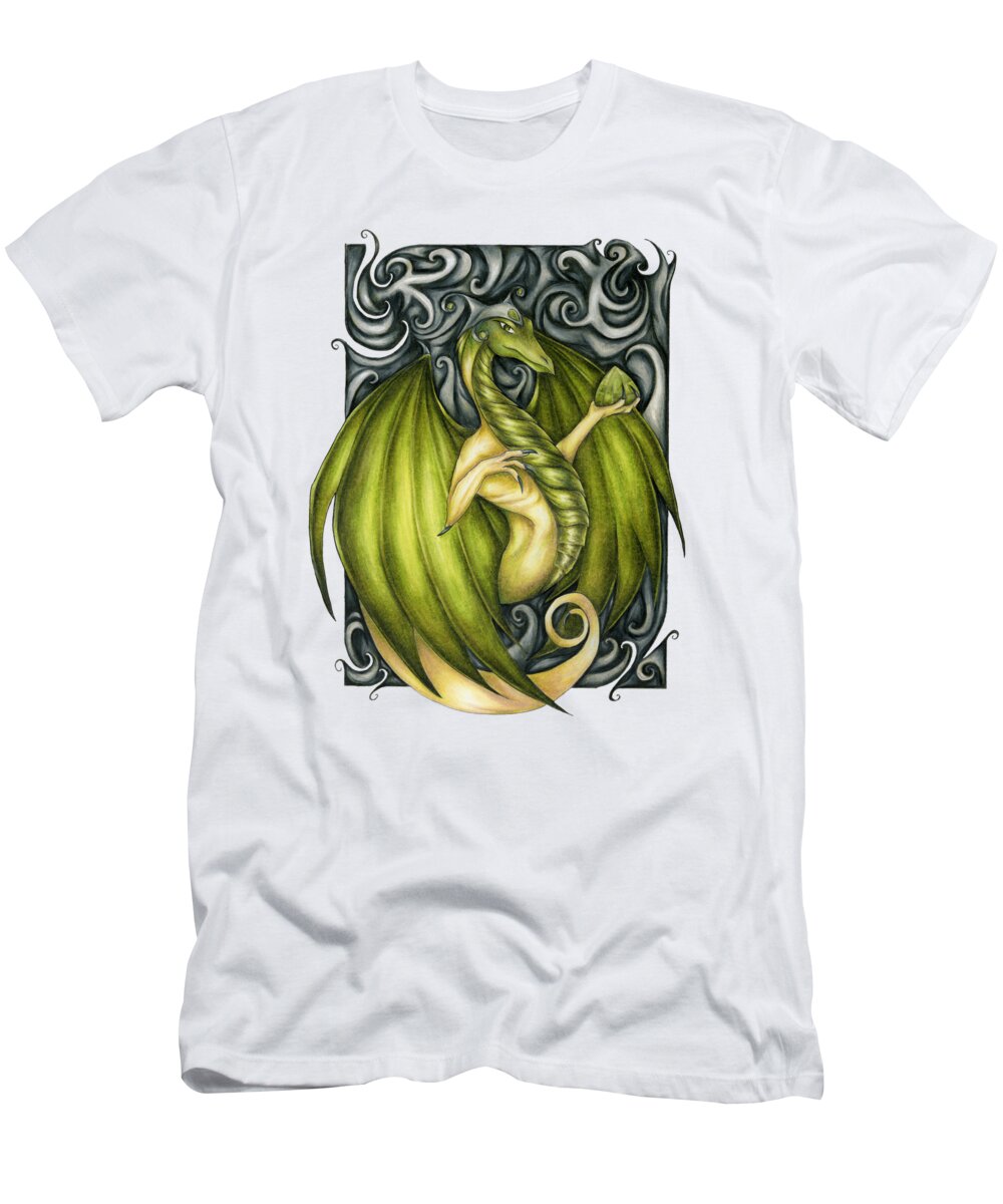 Green Dragon Art T-Shirt featuring the drawing Peridot Green Dragon Drawing by Kristin Aquariann
