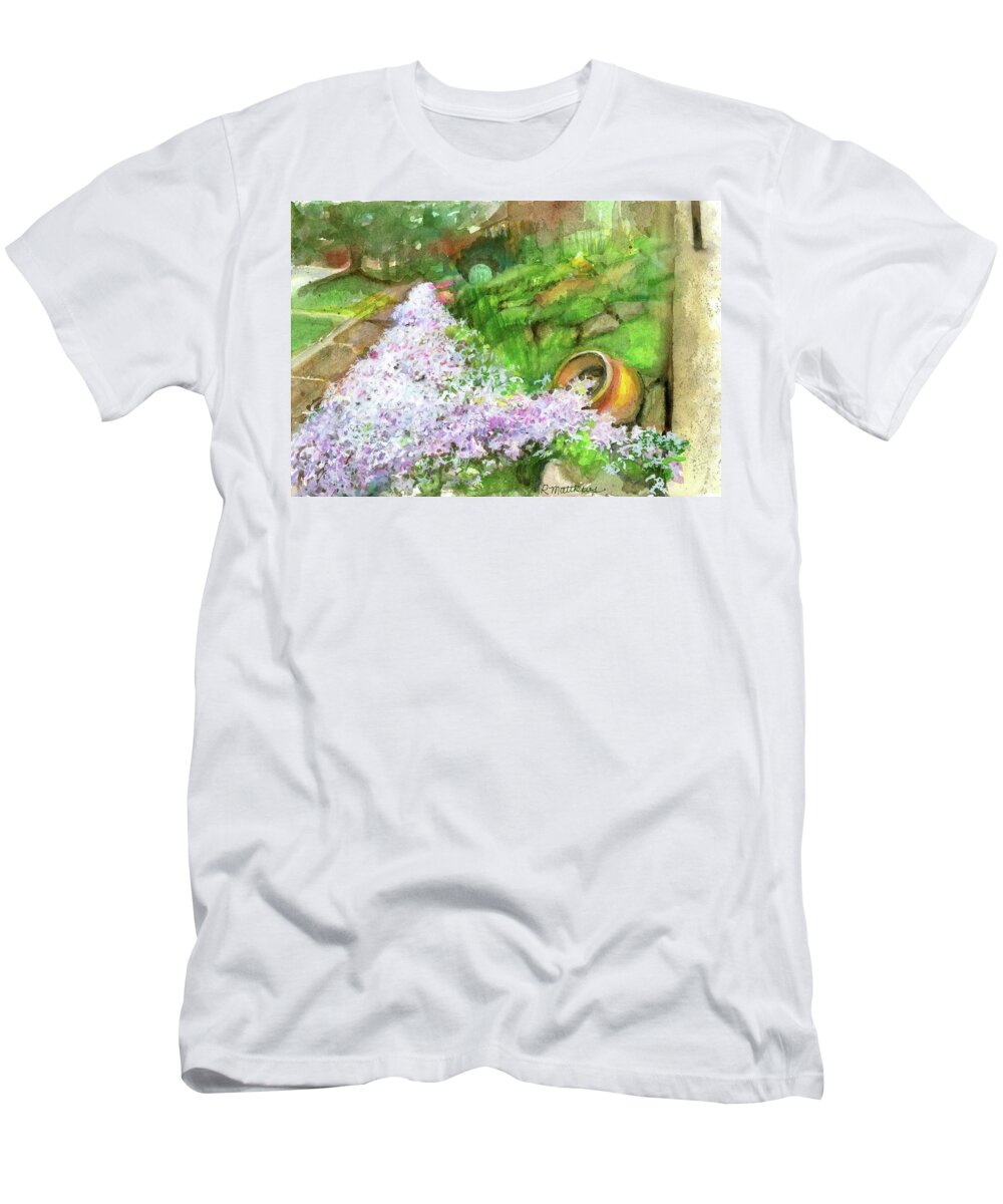 Garden Wall T-Shirt featuring the painting Phlox on garden wall by Rebecca Matthews