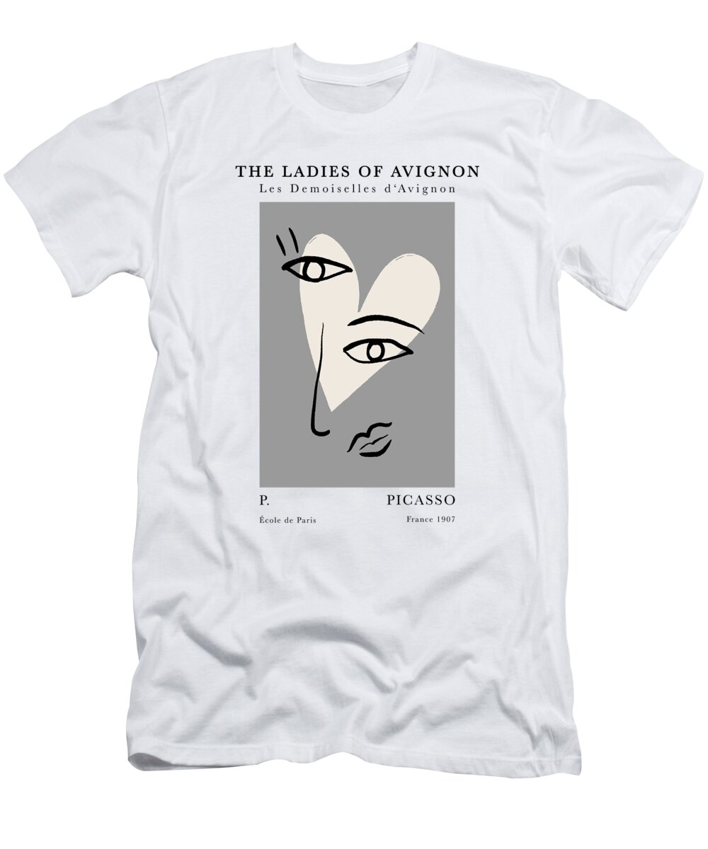 Pablo Picasso T-Shirt featuring the digital art Picasso inspired Ladies of Avignon, Exhibition Wall Art Print, Picasso inspired decor print grey by Re- Make-
