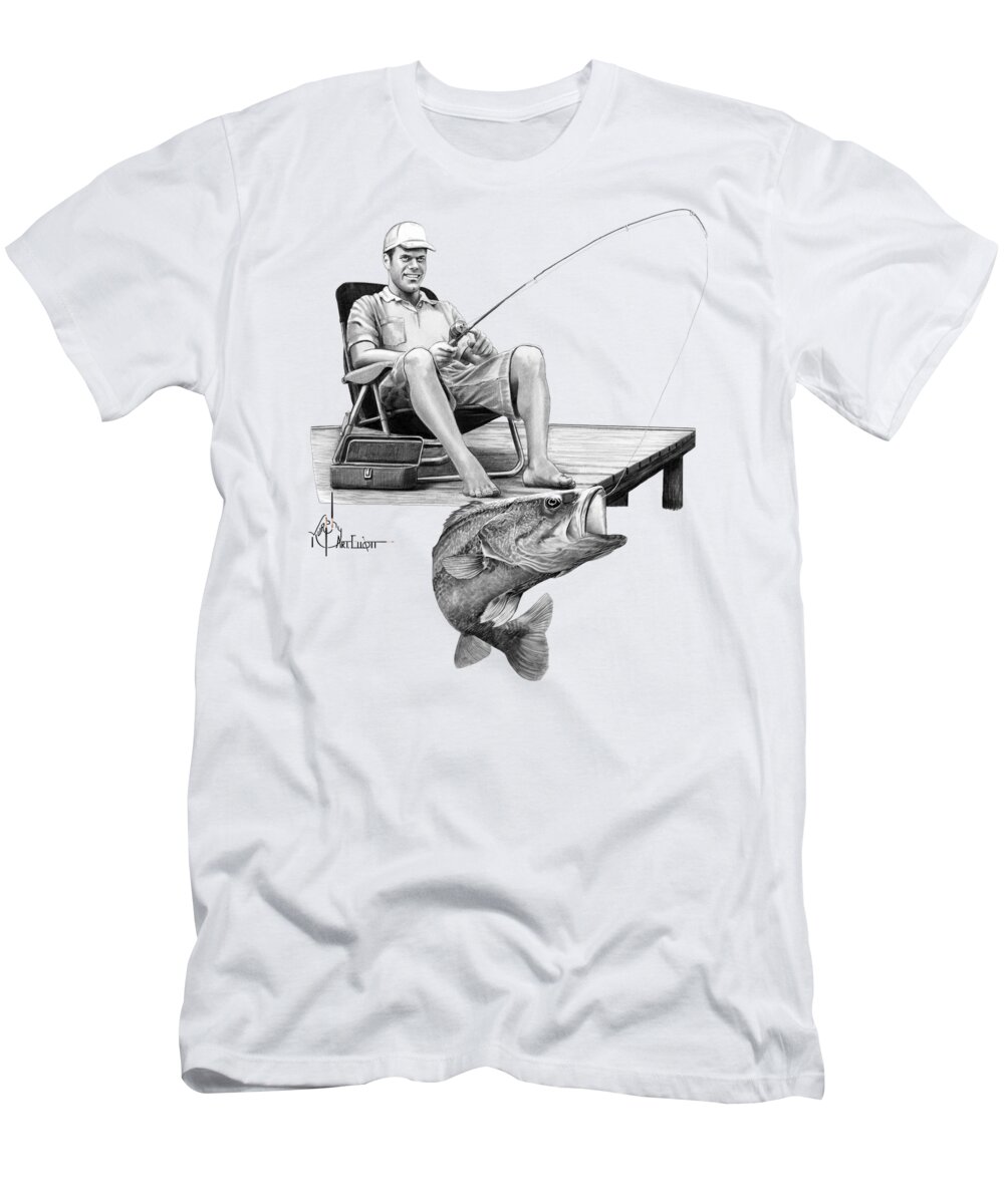 Pencil T-Shirt featuring the drawing Pier Fishing by Murphy Elliott