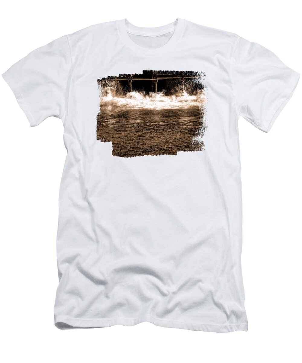 Breaker T-Shirt featuring the photograph Pier Splash Six Sepia by Elisabeth Lucas