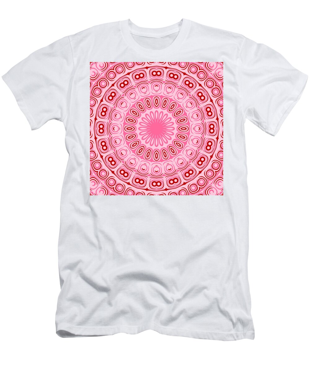 Dramatic T-Shirt featuring the digital art Pink and Red Mandala Kaleidoscope Medallion Flower by Mercury McCutcheon