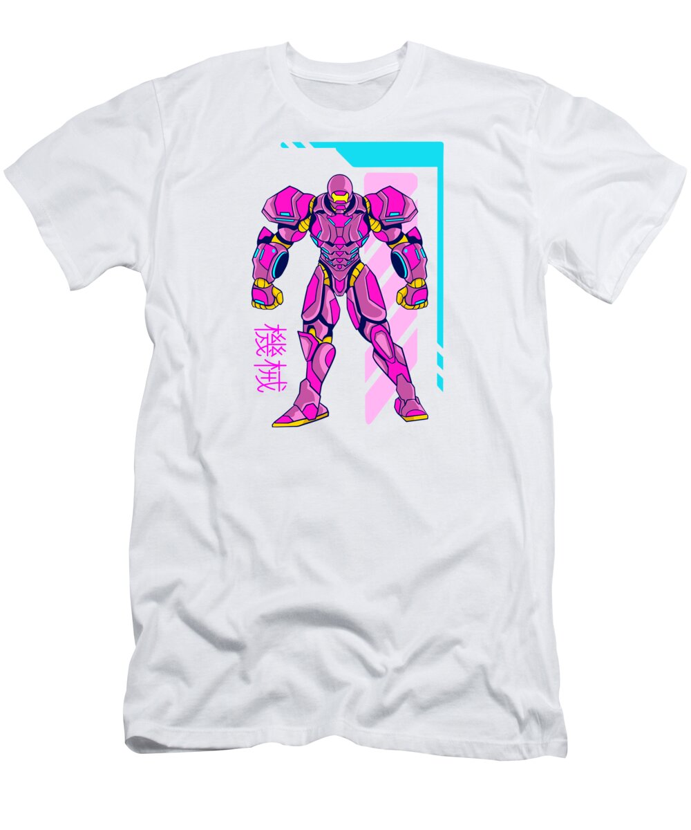 Technology T-Shirt featuring the digital art Pink Anime Mecha Robot Suit, Future Technology by Amusing DesignCo
