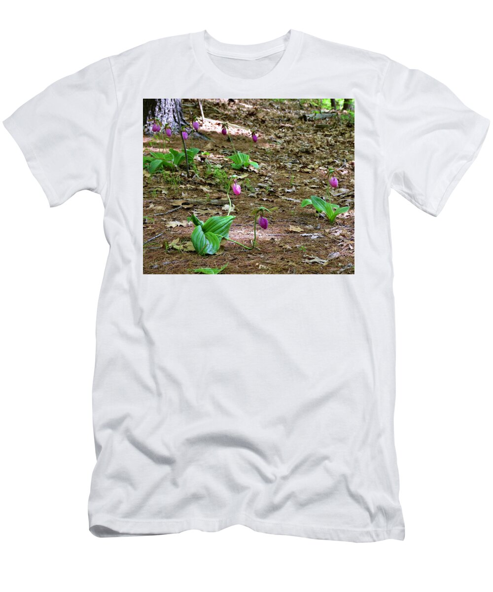 Pink Lady's Slippers T-Shirt featuring the photograph Pink lady's slippers by Monika Salvan