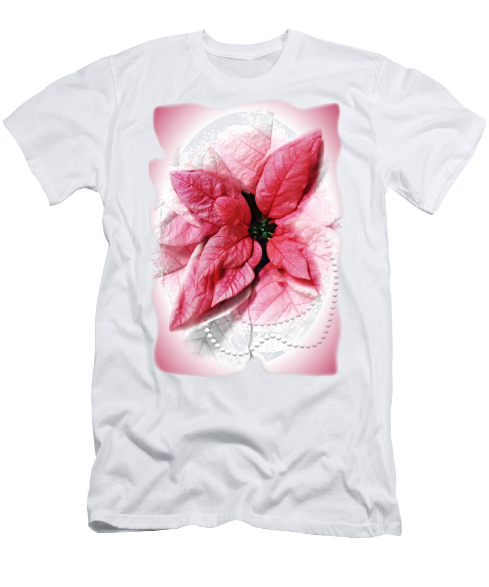 Pink T-Shirt featuring the digital art Pink Poinsettia with Pearls Seasonal Holiday by Delynn Addams