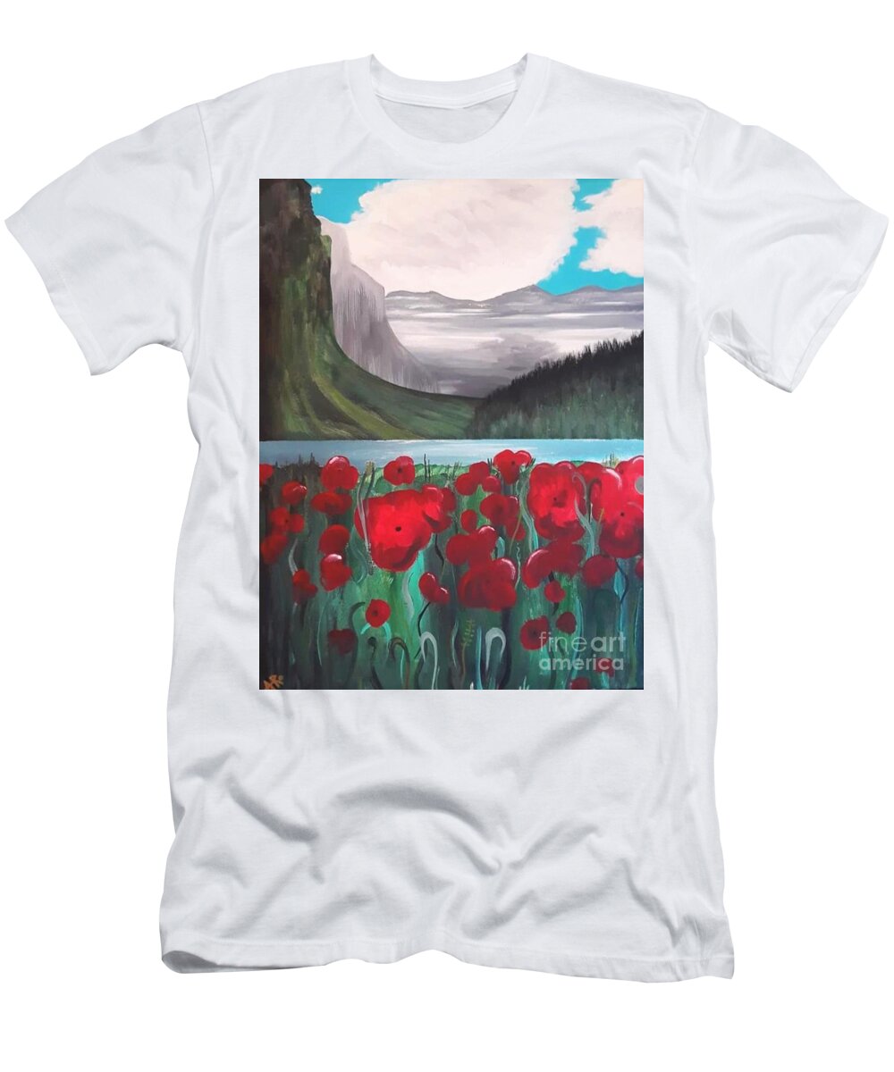 Poppies T-Shirt featuring the painting Poppies by the Mountains by April Reilly