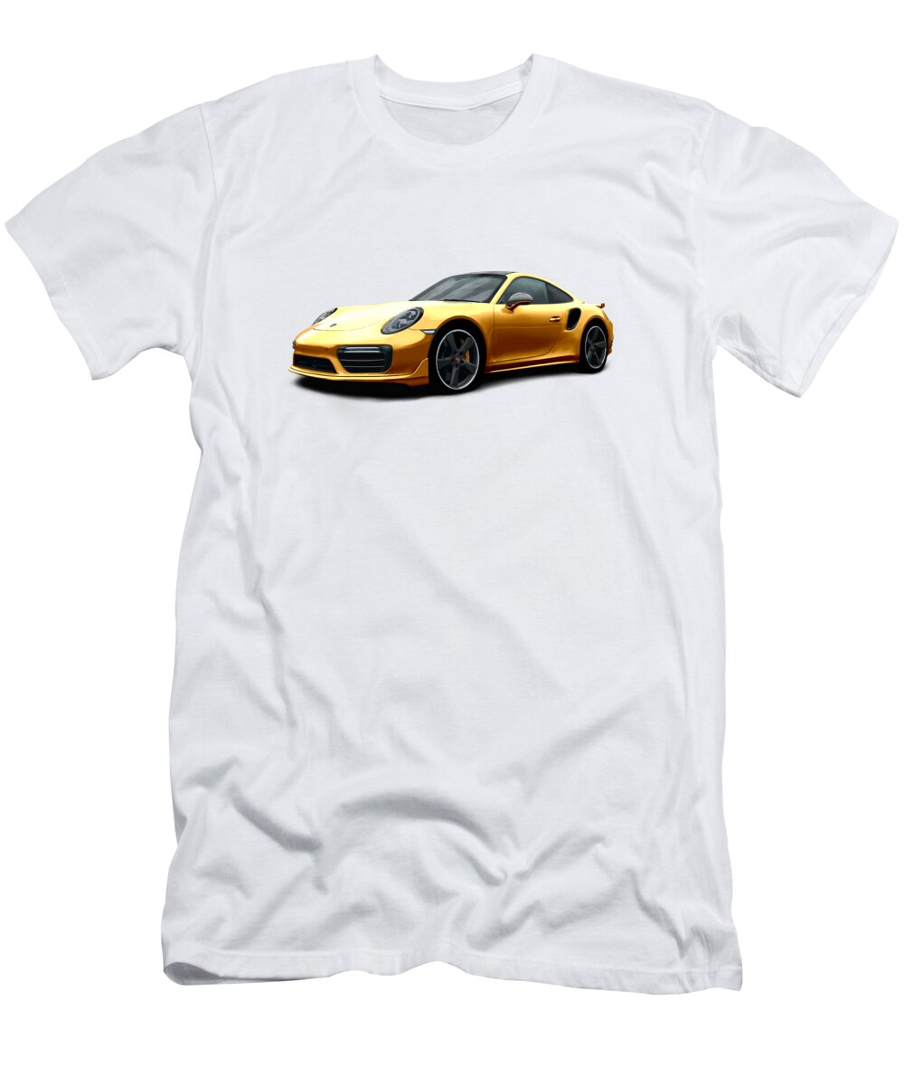 Hand Drawn T-Shirt featuring the digital art Porsche 911 991 Turbo S Digitally Drawn - Gold by Moospeed Art
