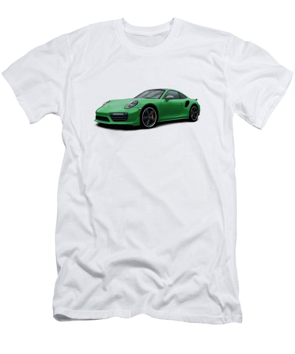 Hand Drawn T-Shirt featuring the digital art Porsche 911 991 Turbo S Digitally Drawn - Green by Moospeed Art