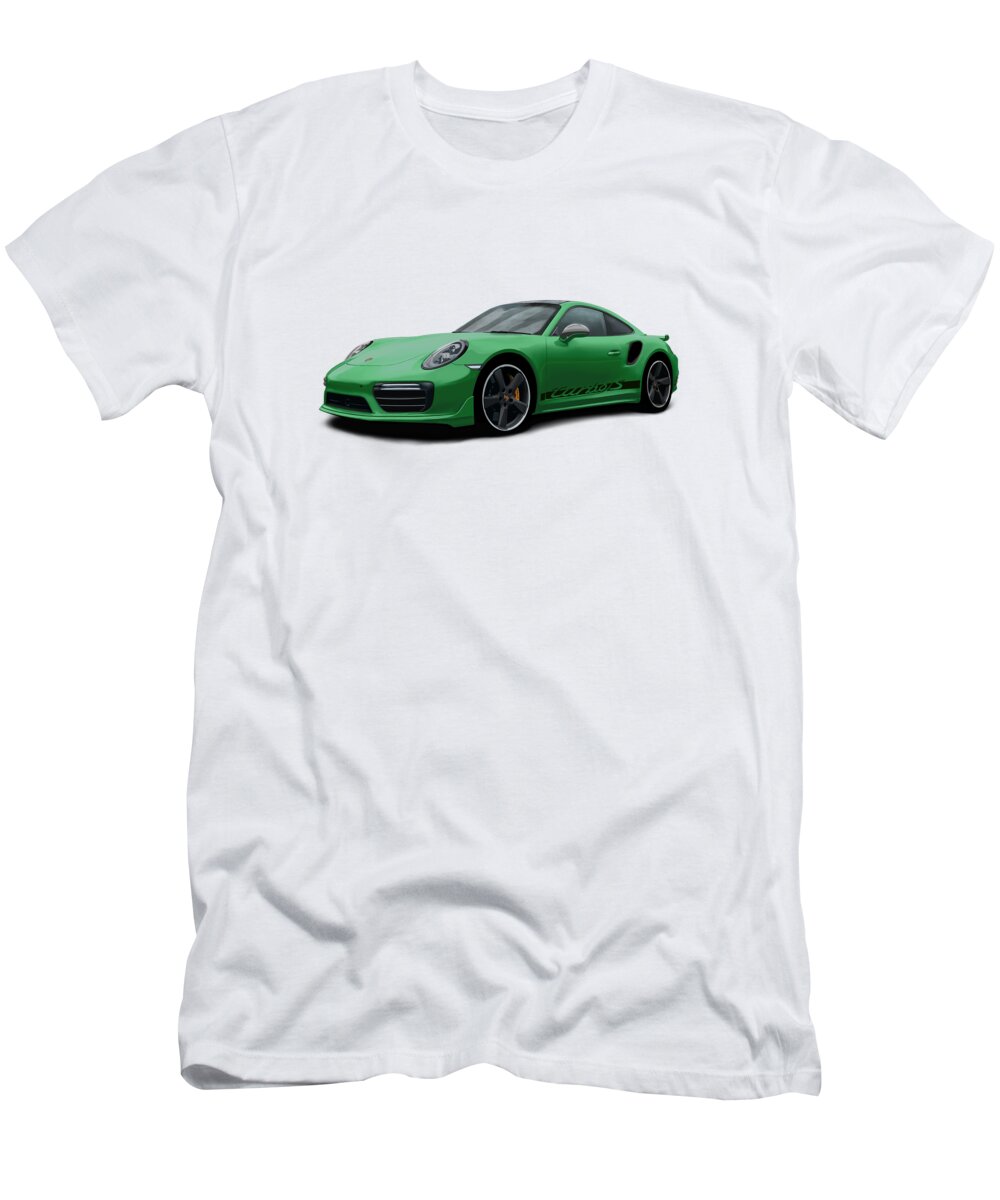 Hand Drawn T-Shirt featuring the digital art Porsche 911 991 Turbo S Digitally Drawn - Green with side decals script by Moospeed Art