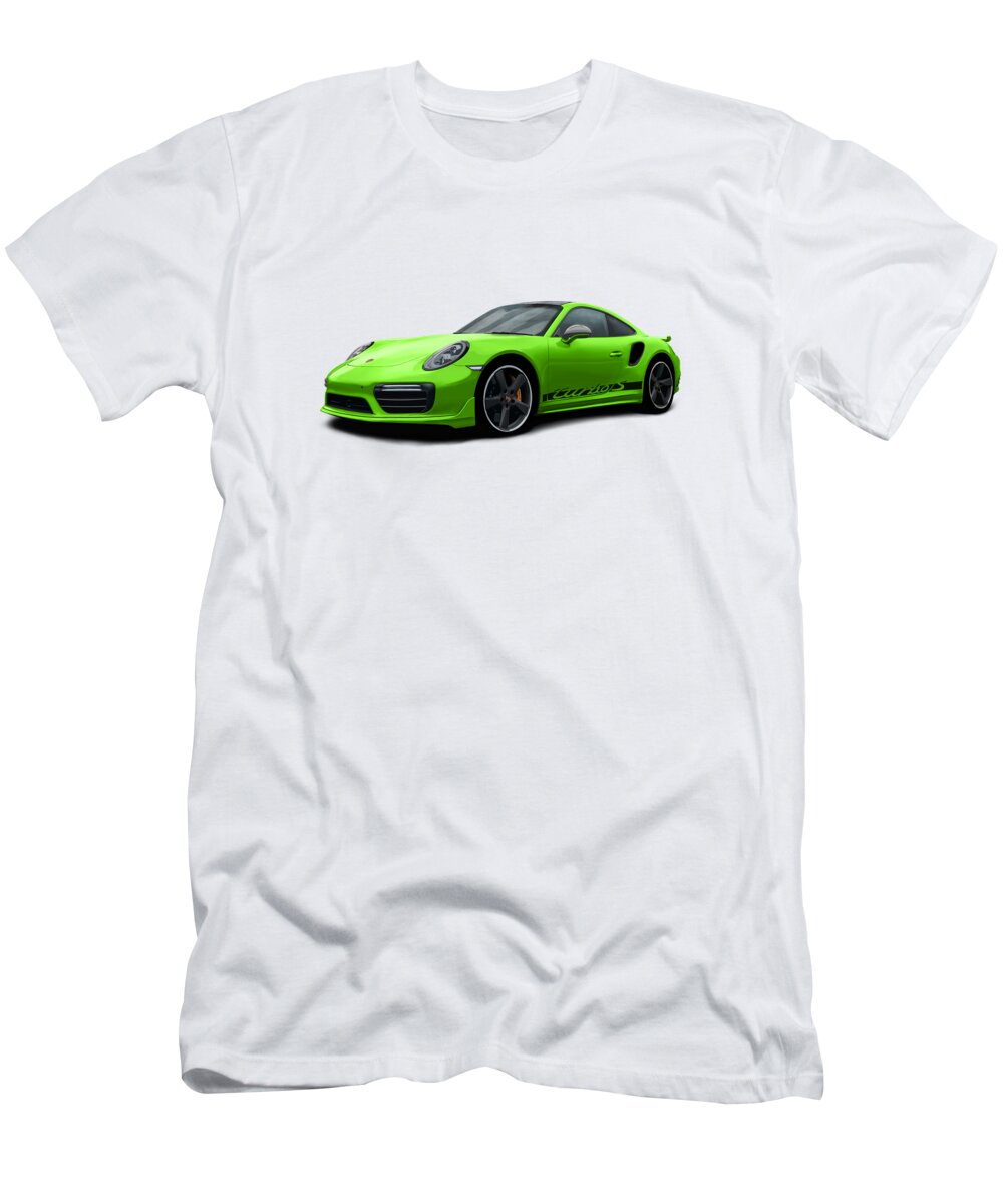 Hand Drawn T-Shirt featuring the digital art Porsche 911 991 Turbo S Digitally Drawn - Light Green with side decals script by Moospeed Art