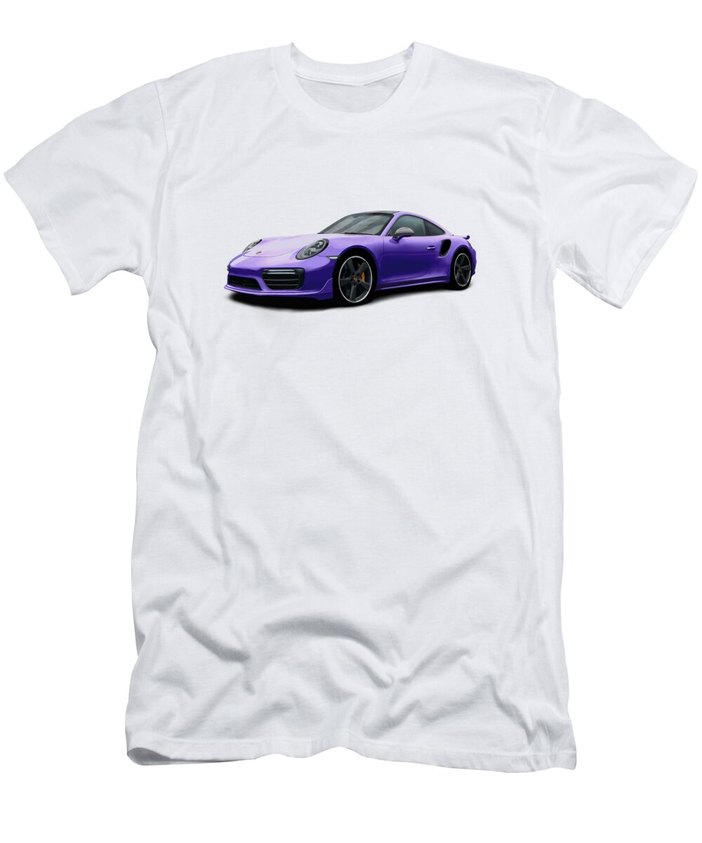 Hand Drawn T-Shirt featuring the digital art Porsche 911 991 Turbo S Digitally Drawn - Purple by Moospeed Art