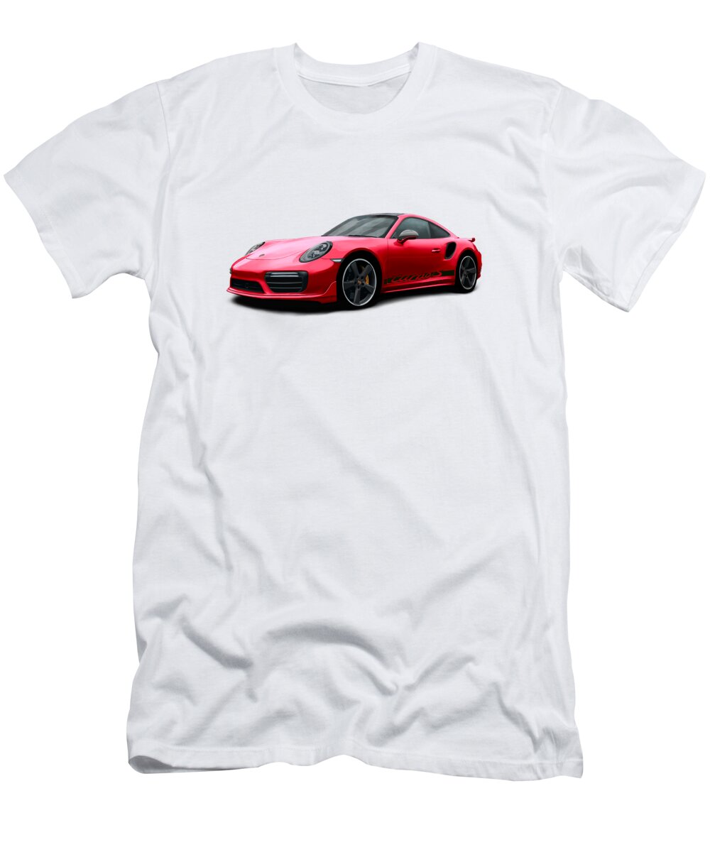 Hand Drawn T-Shirt featuring the digital art Porsche 911 991 Turbo S Digitally Drawn - Red with side decals script by Moospeed Art