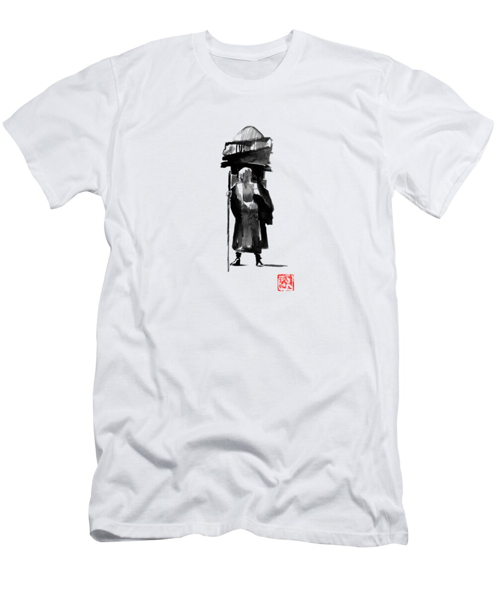 Mountain T-Shirt featuring the drawing Posing Monk by Pechane Sumie