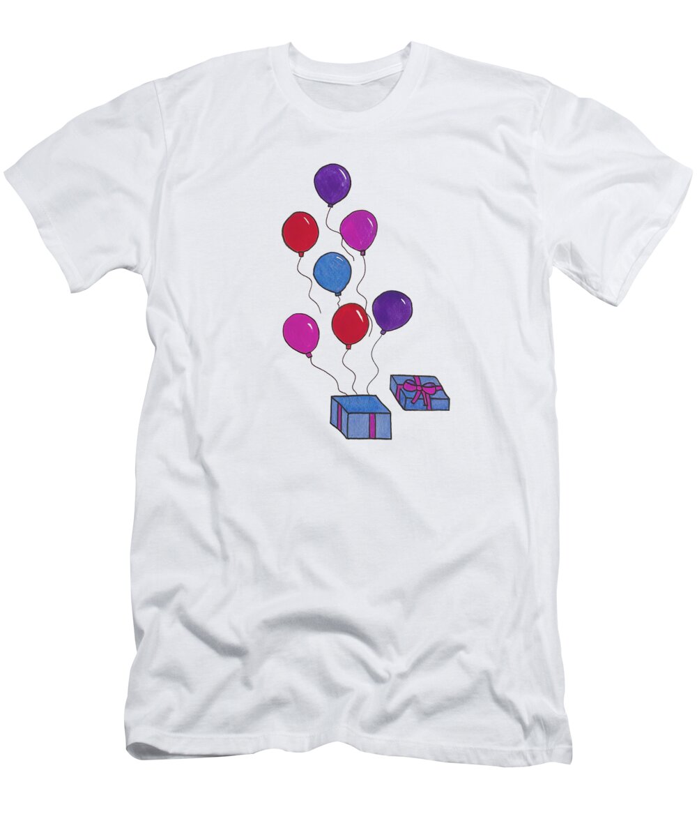 Birthday T-Shirt featuring the mixed media Present and Balloons by Lisa Neuman