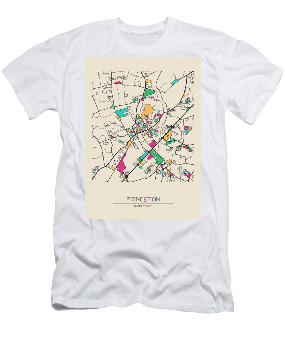 Princeton T-Shirt featuring the drawing Princeton, New Jersey City Map by Inspirowl Design