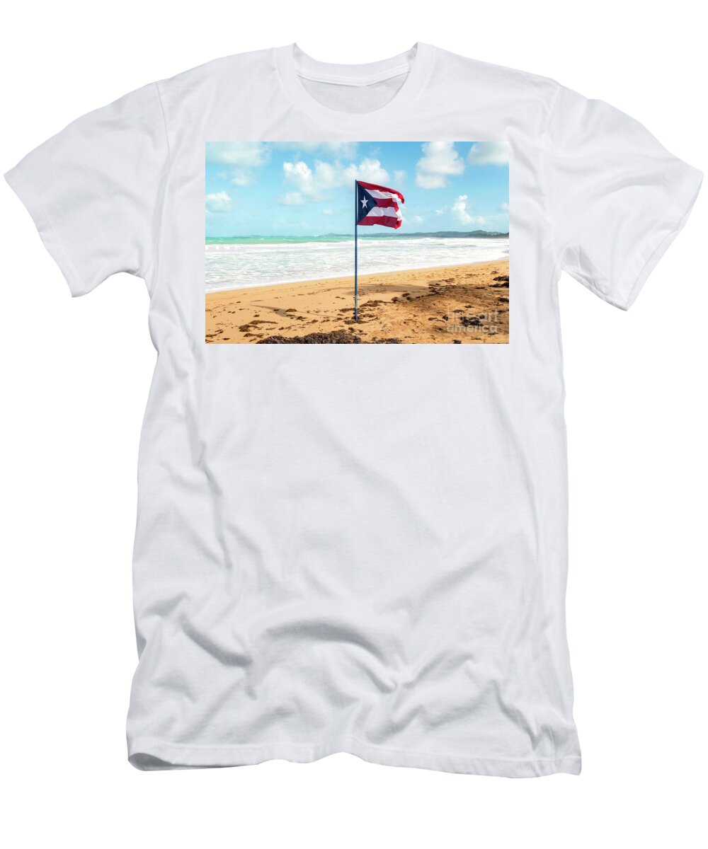 Puerto T-Shirt featuring the photograph Puerto Rican Flag on the Beach, Pinones, Puerto Rico by Beachtown Views