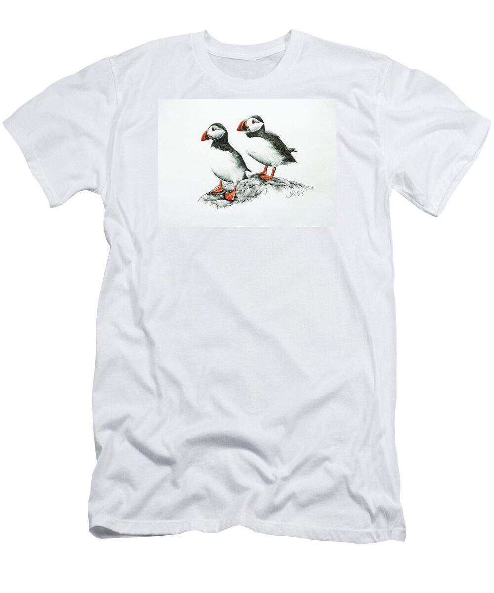 Puffins T-Shirt featuring the drawing Puffins by Judy Imeson