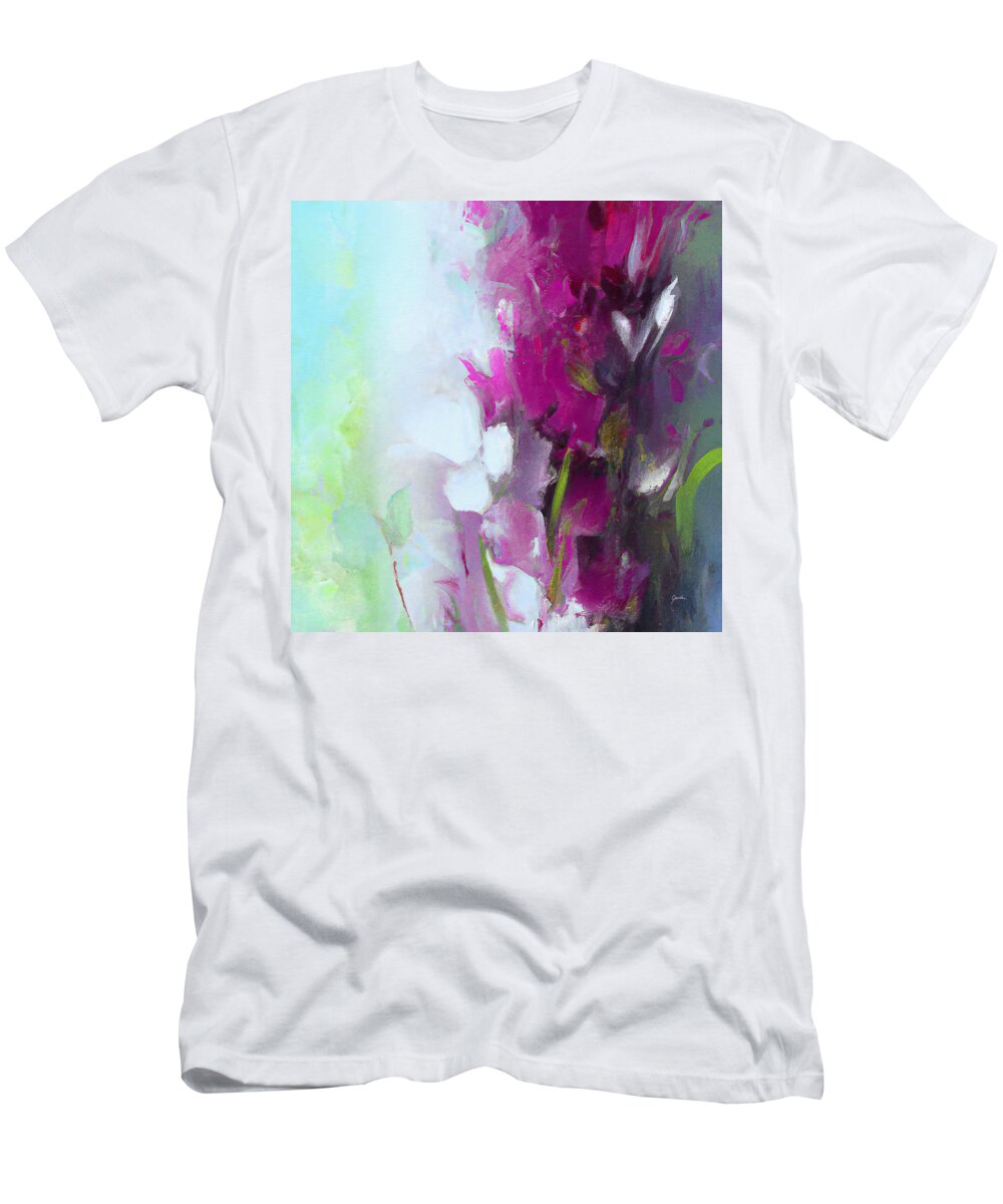 Abstract T-Shirt featuring the painting Purple And White Abstract Flowers - Abstract Floral Painting #31 by iAbstractArt