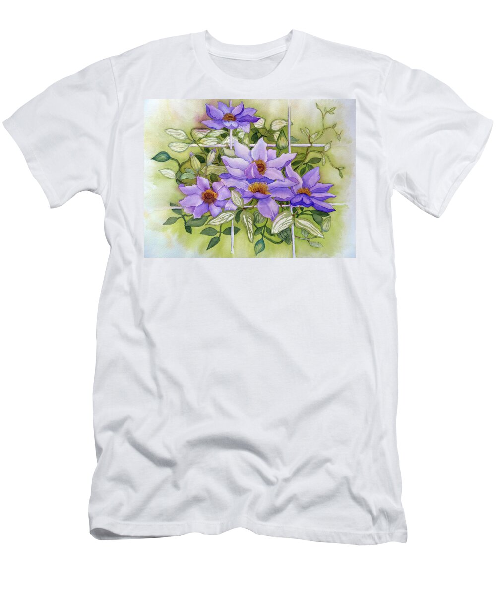Flowers On Trellis T-Shirt featuring the painting Purple Clematis Jackmanii On White Trellis by Deborah League