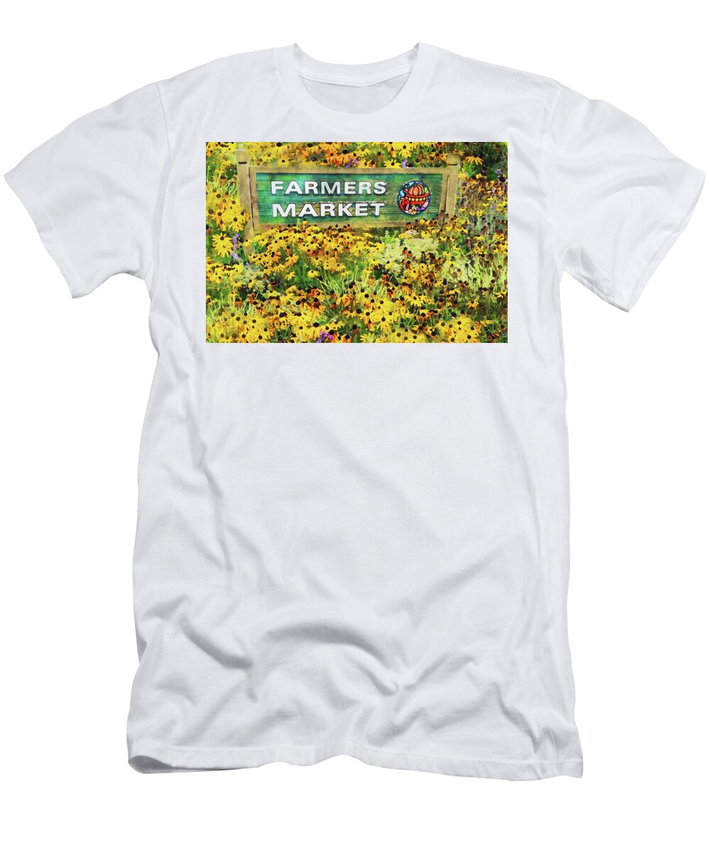 Farmers Market T-Shirt featuring the mixed media Qualicum Beach Farmers Market by Peggy Collins