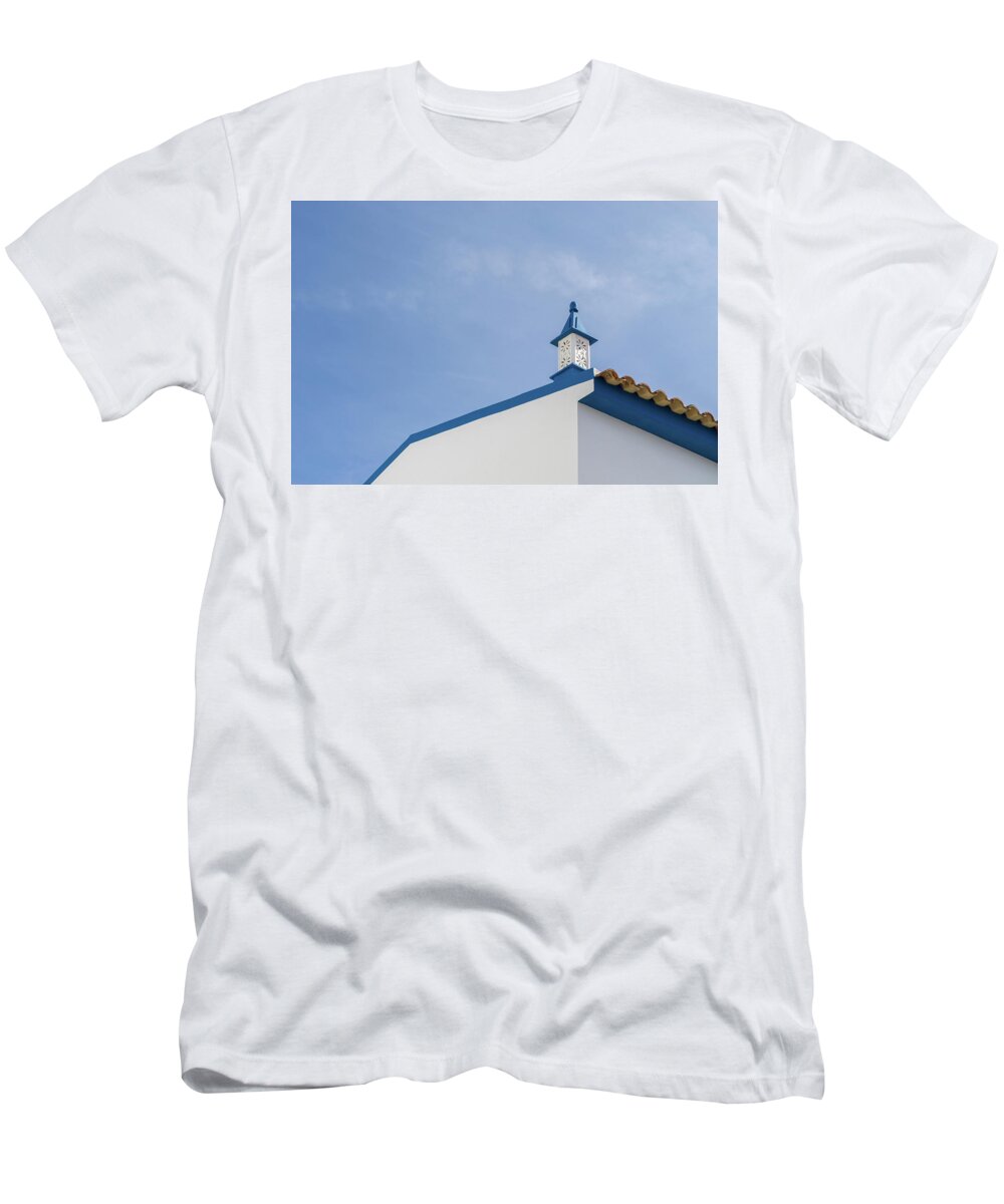 Quintessential Algarvian T-Shirt featuring the photograph Quintessential Algarvian - Cool Fretted Crown Chimney and Cobalt Blue Roofline Accents by Georgia Mizuleva