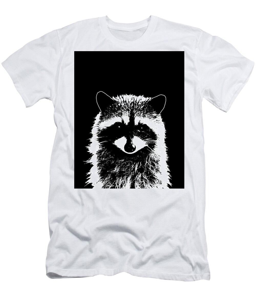 Raccoon T-Shirt featuring the mixed media Raccoon 25 Black and white by Lucie Dumas