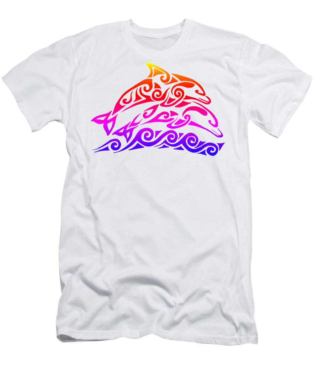 Dolphin T-Shirt featuring the mixed media Rainbow Tribal Dolphins by Rebecca Wang