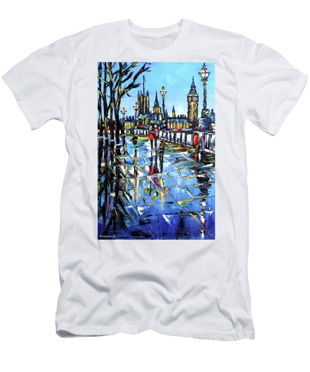 London In Autumn T-Shirt featuring the painting Rainy Autumn Day In London by Mirek Kuzniar