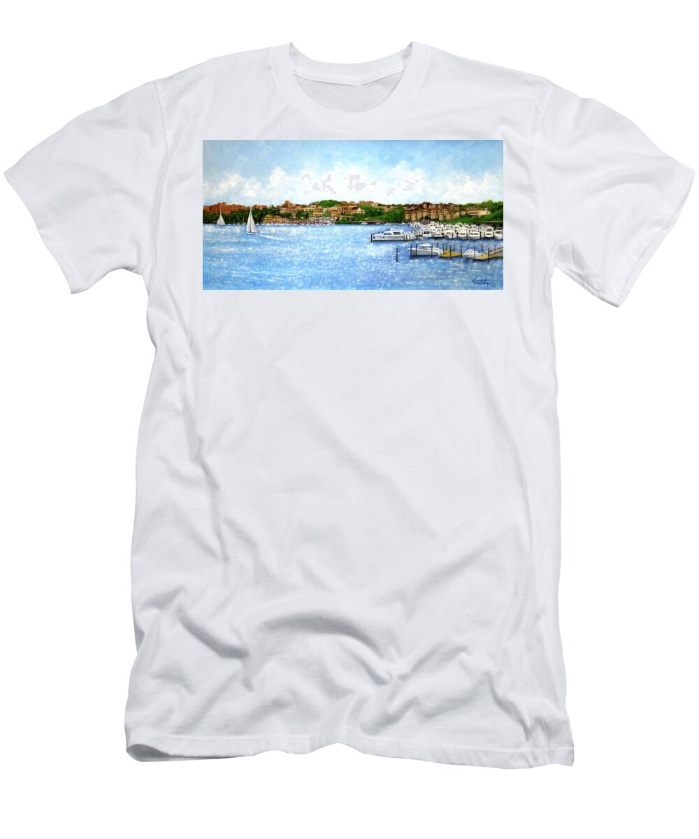 Red Bank Nj T-Shirt featuring the painting Red Bank Skyline 2021 by Leonardo Ruggieri