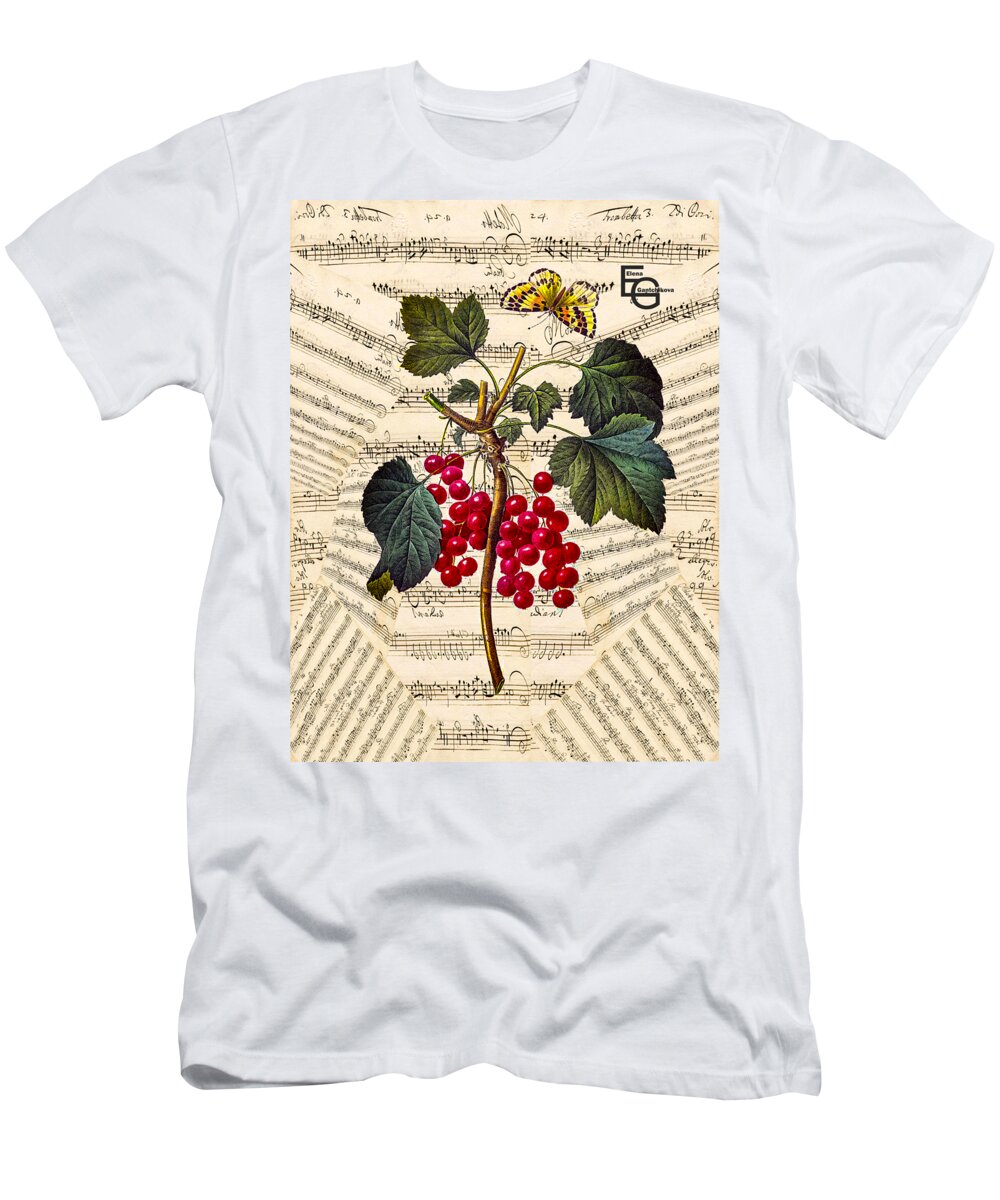 Music Art Prints T-Shirt featuring the mixed media Red currant berries and a butterfly, against the background of a musical score by Elena Gantchikova