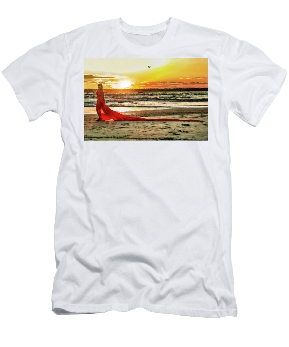 Topsail Beach T-Shirt featuring the photograph Red Dress at Sunset by Sand Catcher