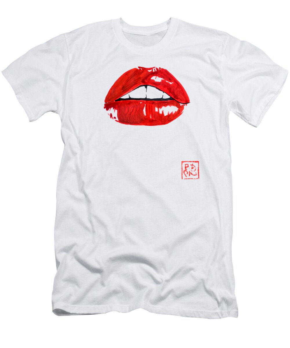 Lips T-Shirt featuring the drawing Red Lips by Pechane Sumie