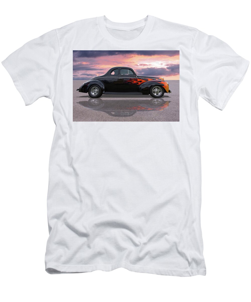 Hotrod T-Shirt featuring the photograph Reflections Of A 1940 Ford Deluxe Hot Rod With Flames by Gill Billington