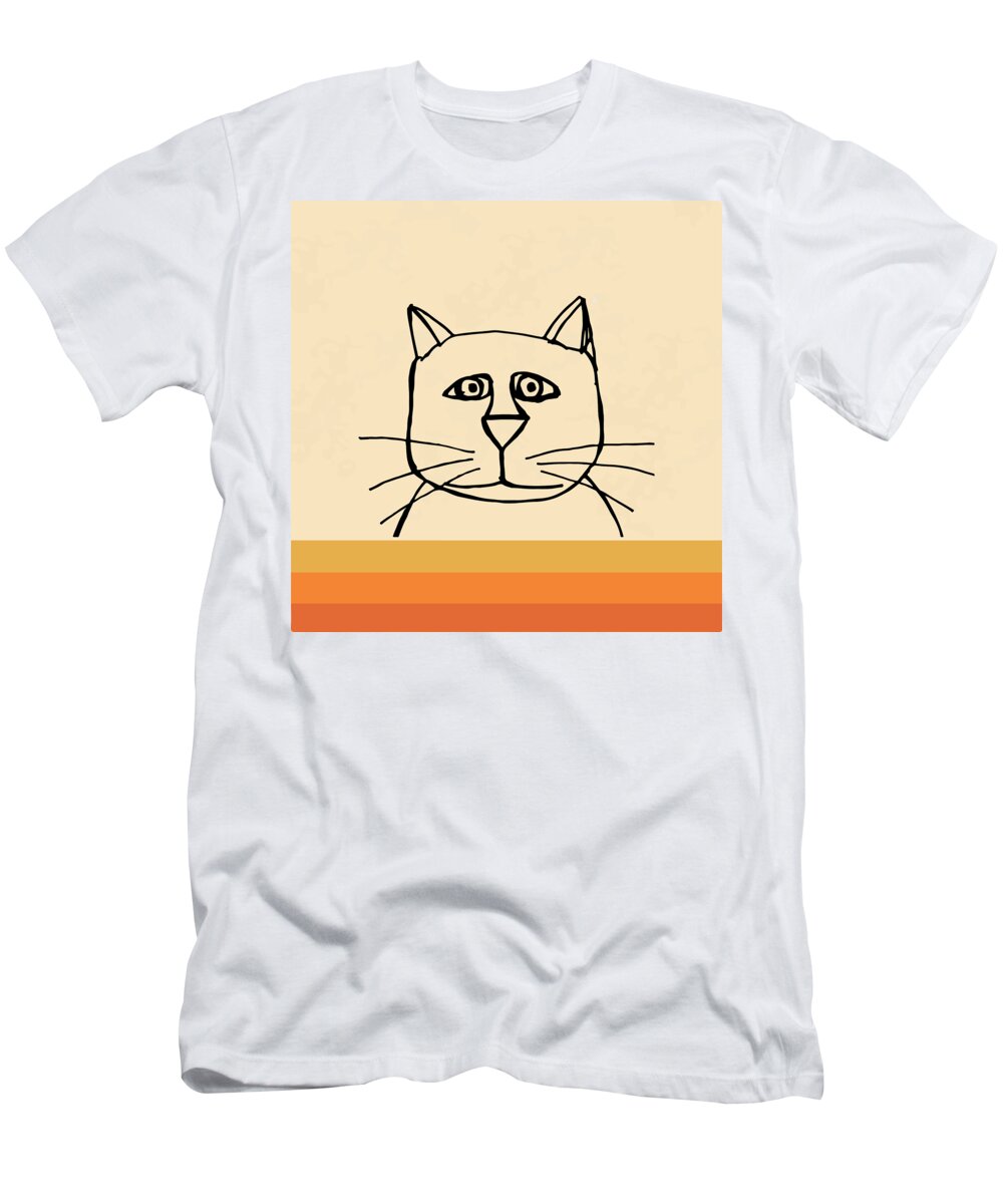 Animal T-Shirt featuring the drawing Retro cat one line drawing, Cute cat face line art poster, Vintage colors background by Mounir Khalfouf