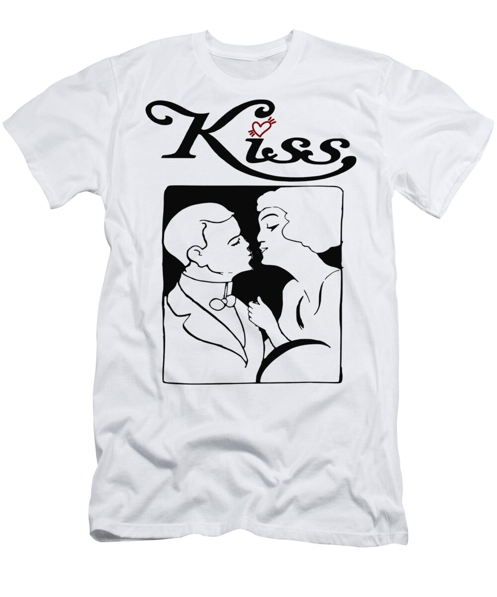 Romance T-Shirt featuring the digital art Retro Love Couple Kiss Heart Couple In Love Lovers Beautiful Man And Woman Kissing Love Heart 1/3 by Mounir Khalfouf