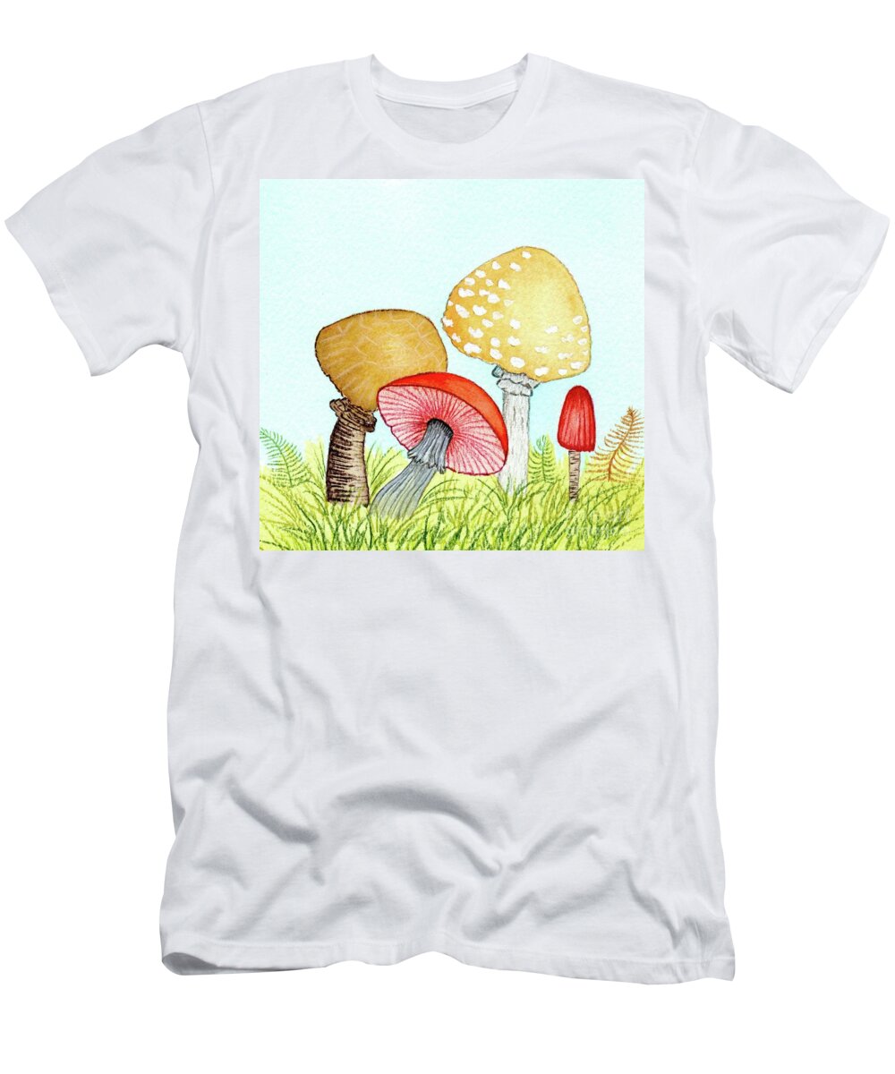 Retro Mushrooms T-Shirt featuring the painting Retro Mushrooms 1 by Donna Mibus
