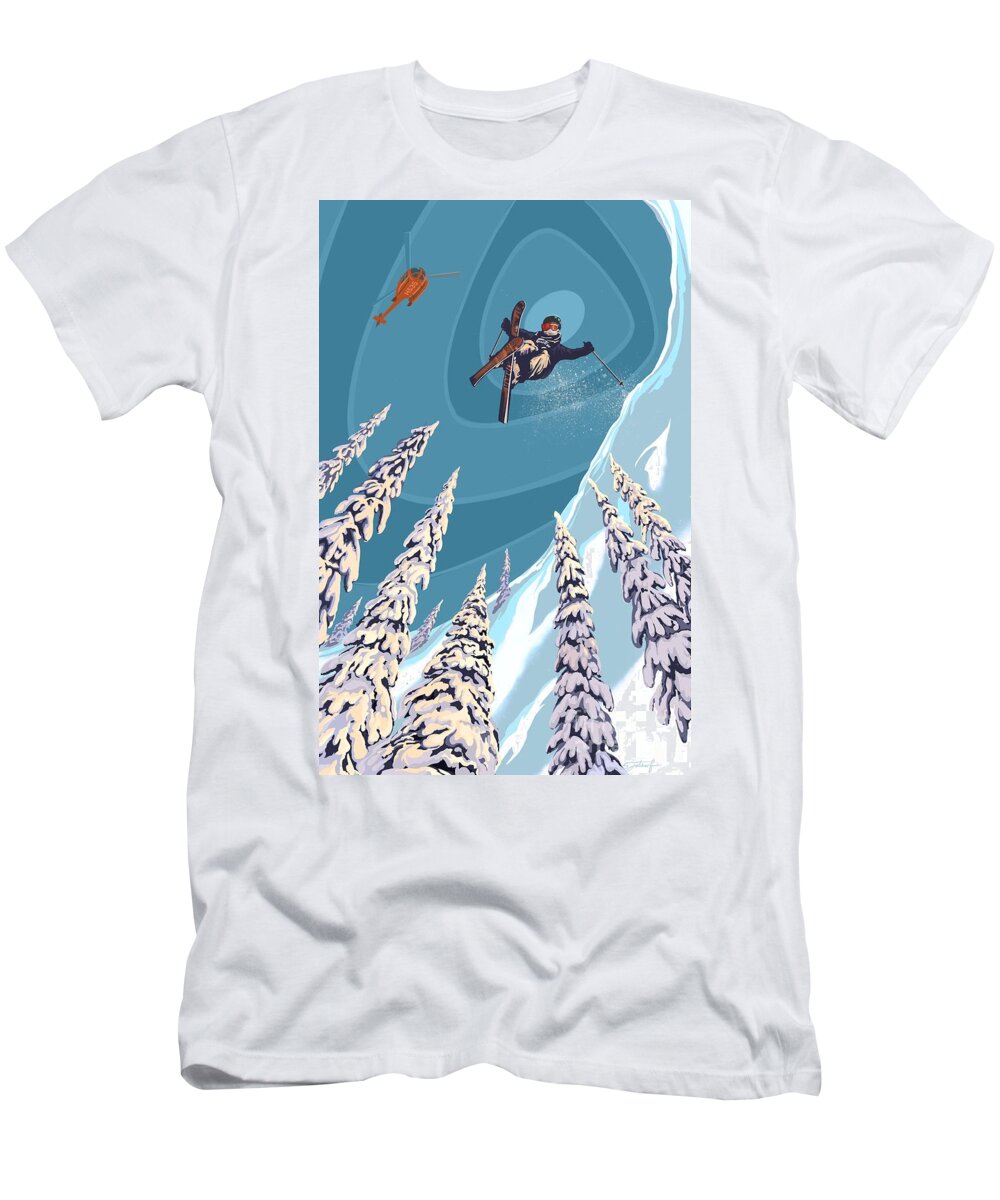 Retro Ski Art T-Shirt featuring the painting Retro Ski Jumper Heli Ski by Sassan Filsoof