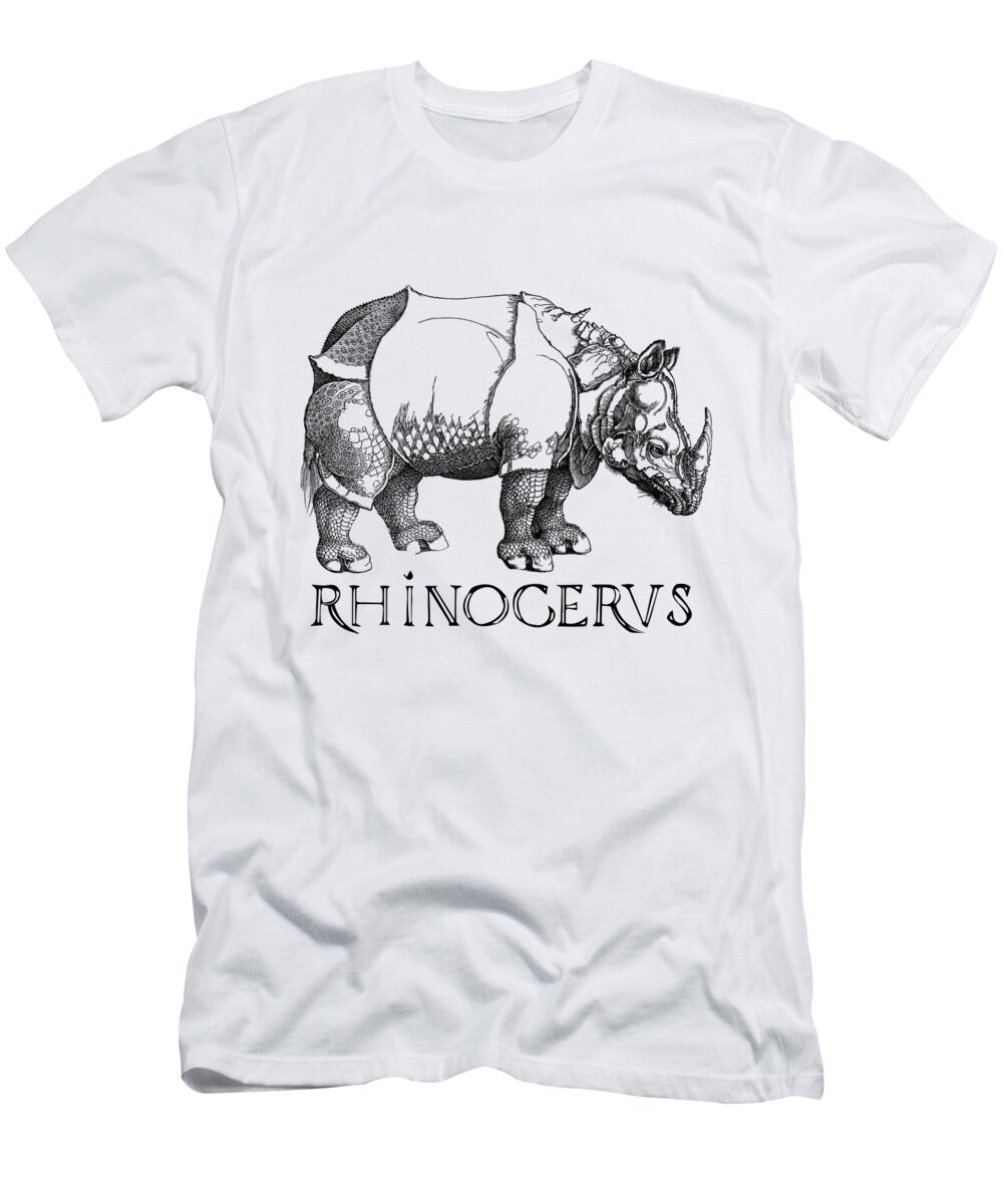 Rhinoceros T-Shirt featuring the digital art Rhino Rhinoceros Based on Print from German Artist Durer by Lance Gambis