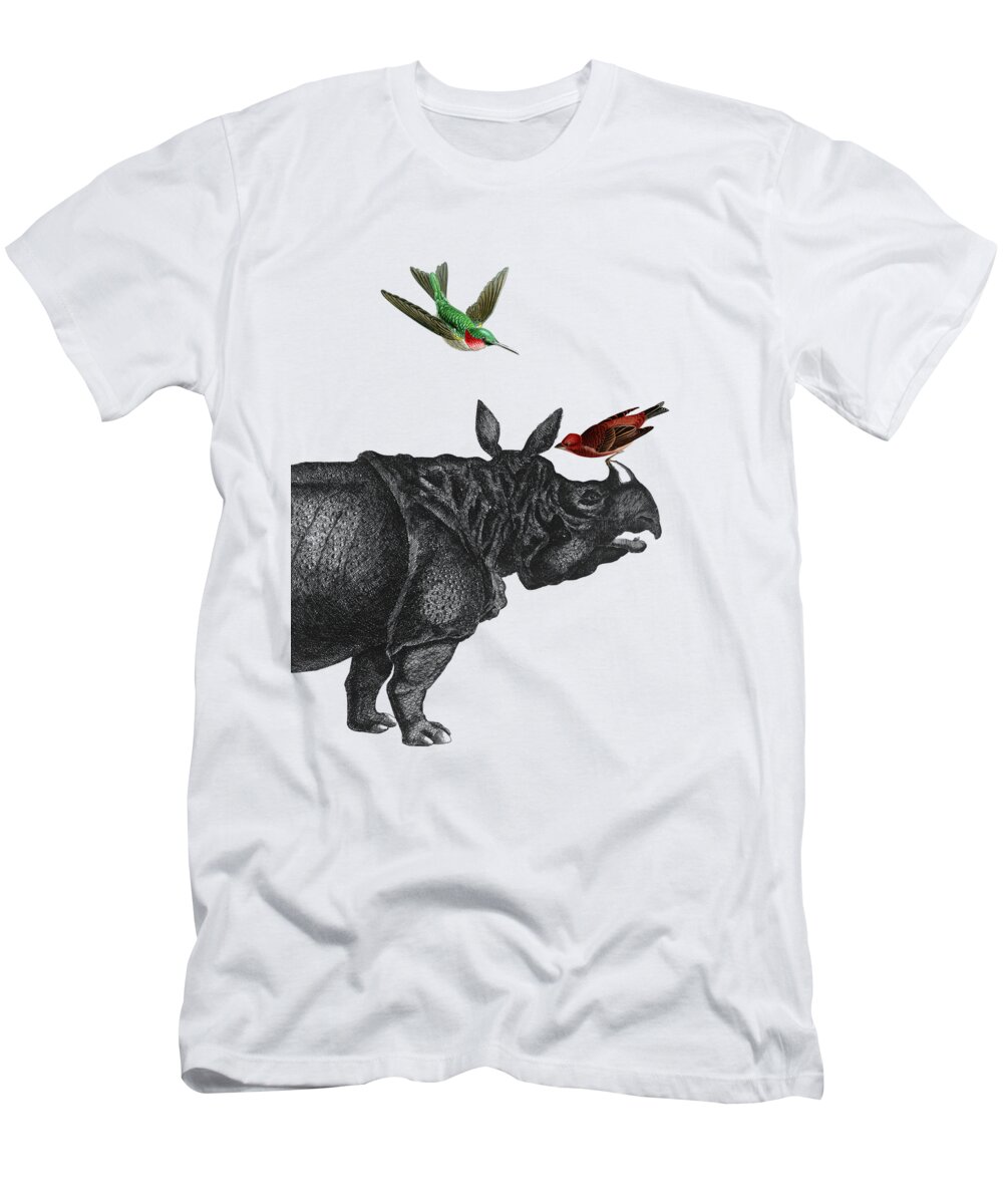 Rhino T-Shirt featuring the digital art Rhinoceros with birds art print by Madame Memento