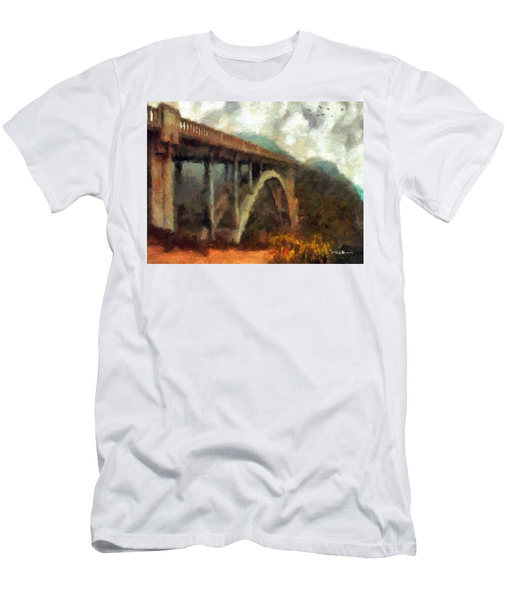 Landscape T-Shirt featuring the painting Rocky Creek Bridge, California by Trask Ferrero