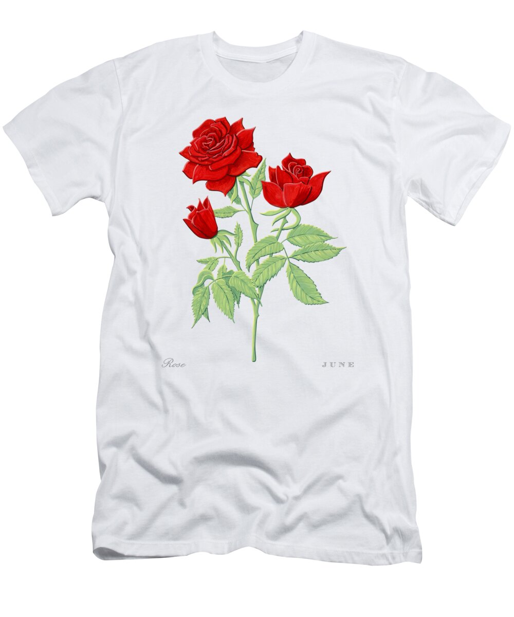 Rose T-Shirt featuring the painting Rose June Birth Month Flower Botanical Print on White - Art by Jen Montgomery by Jen Montgomery