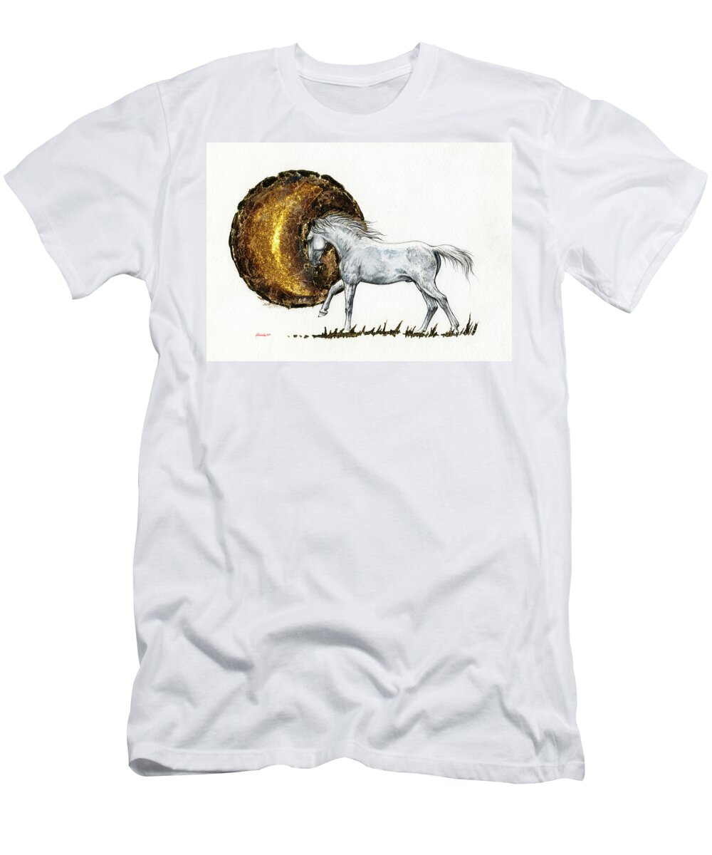 Horse T-Shirt featuring the painting Running to the golden sun by Ang El
