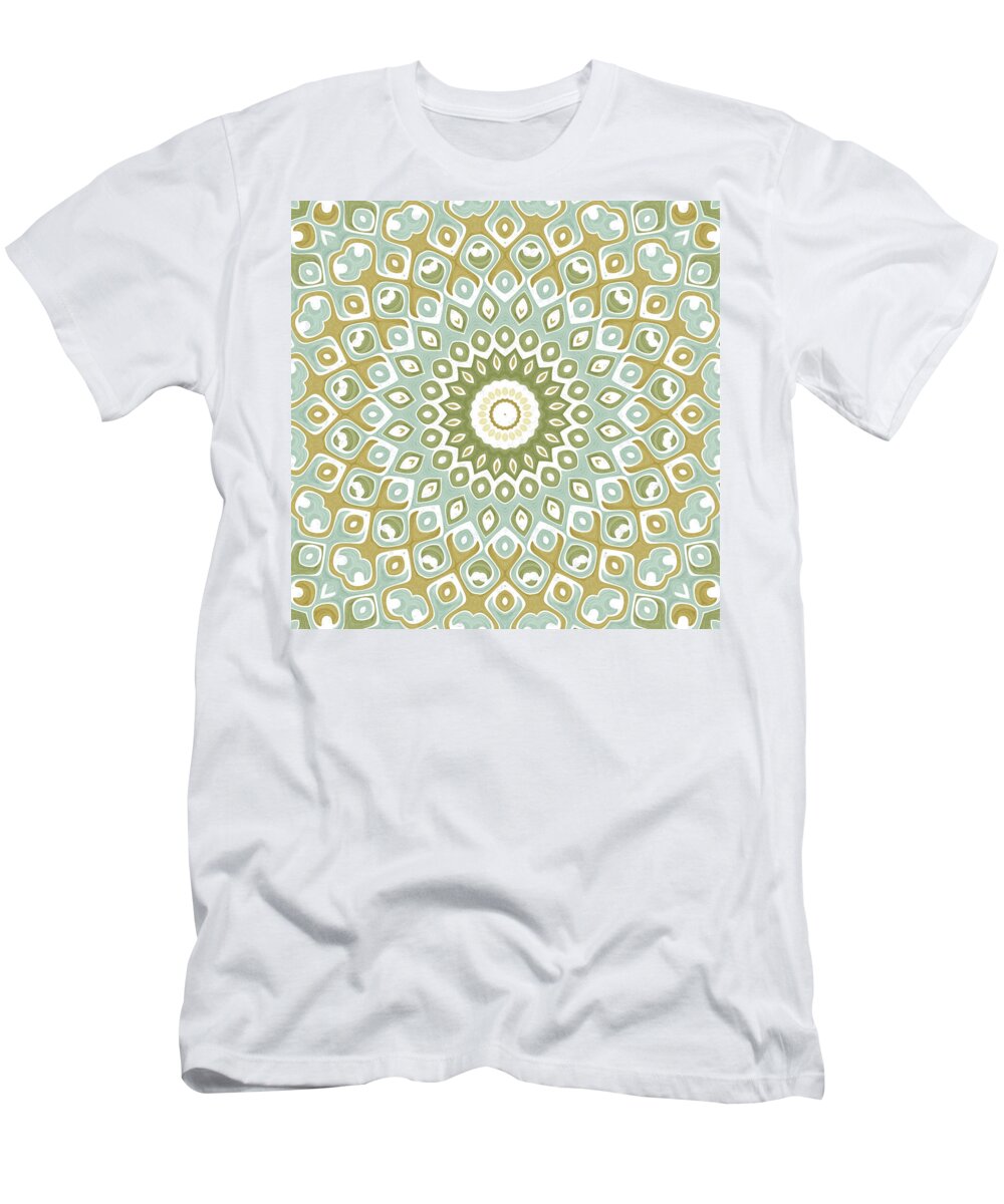 Sage Green T-Shirt featuring the digital art Rustic Mandala Kaleidoscope Medallion Flower by Mercury McCutcheon