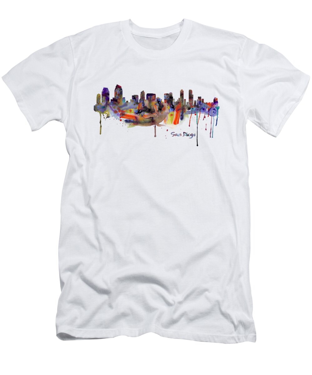 Marian Voicu T-Shirt featuring the painting San Diego Watercolor Skyline by Marian Voicu