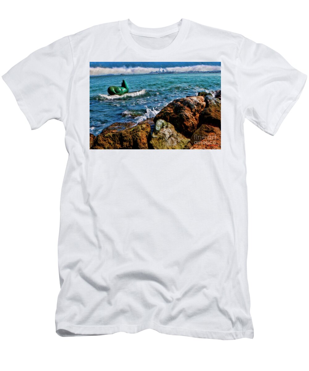 Sausalito Sea Lion Sculpture T-Shirt featuring the photograph Sausalito Sea Lion Sculpture And San Francisco by Blake Richards