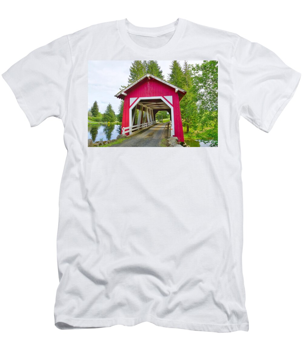 Water T-Shirt featuring the photograph Schafer Farms Covered Bridge by Bill TALICH