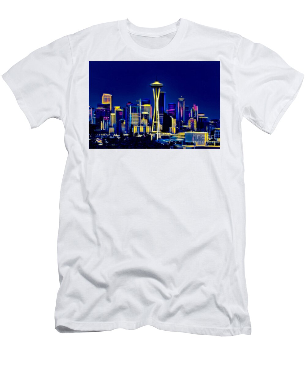 Skyline T-Shirt featuring the digital art Seattle in Neons Colors by Sal Ahmed