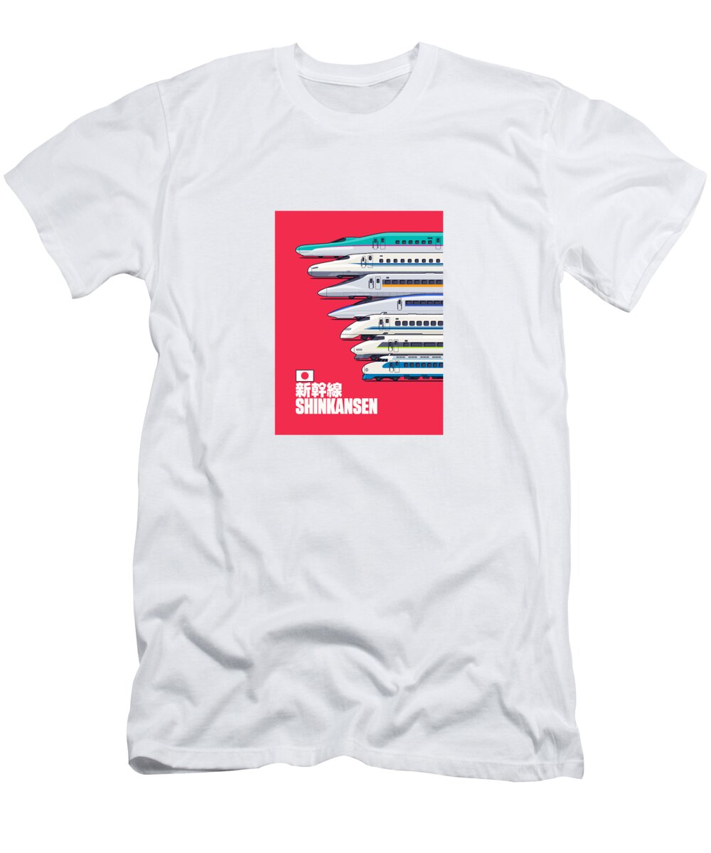 Train T-Shirt featuring the digital art Shinkansen Bullet Train Evolution - Red by Organic Synthesis